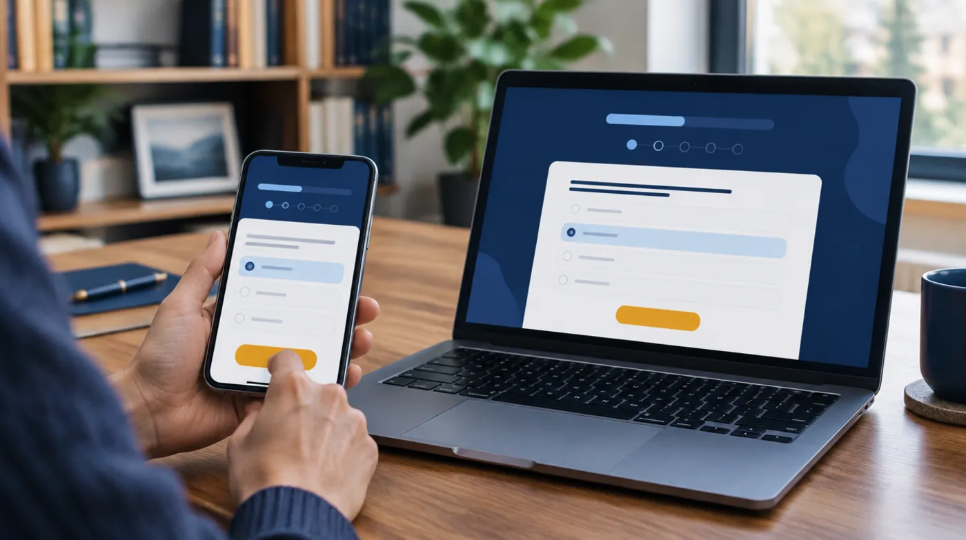 Un client remplit sur son téléphone un questionnaire en ligne, affiché aussi sur un ordinateur portable posé sur le bureau d’un cabinet.