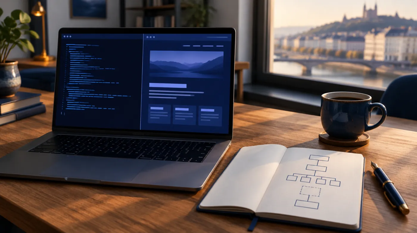 Un ordinateur portable sur un bureau face à la Saône : un terminal à gauche, un site en construction à droite, et à côté un carnet où l’organigramme de l’équipe d’agents est dessiné à la main.